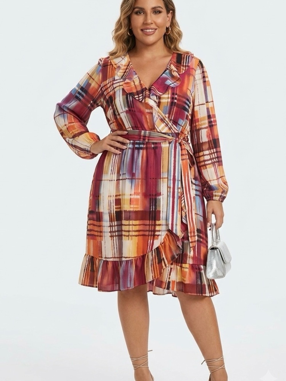 INC International Concepts Multicolor Plaid Ruffle Wrap Dress